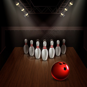 白色红色球倒影保龄球道与暴露的小球红球聚光灯下的三维矢量插图保龄球三维插图插画