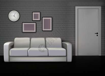 单色家居室内与灰色墙壁白色教练黑色地板当代复古写实矢量插图内部逼真的图像形象高清图片素材