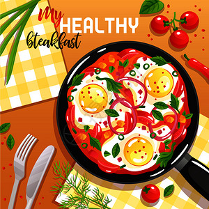 健康早餐与鸡蛋,蔬菜绿色植物煎锅桌视图平矢量插图鸡蛋煎锅插图图片