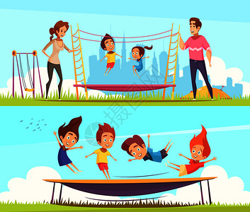 两个水平跳跃蹦床横幅与人类人物的青少朋友家庭成员矢量插图家庭景点横幅收集背景图片