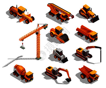 黑色黄色工程机械用于道路工程建筑等距图标孤立矢量插图工程机械等距图标图片