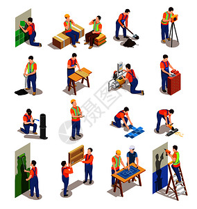 建筑工人各种建筑活动中用专业设备等距人孤立矢量插图建筑工人等距的人图片