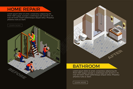 浴室施工前后工程等距成与建设者修理矢量插图建筑工人修理等距成分图片