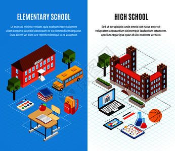 教育等距垂直横幅与高中小学建筑象,以学三维孤立矢量插图教育等距横幅图片