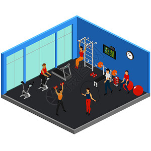 健身房杠铃健身等距成与运动锻炼室与大窗户,体育设备人们制定矢量插图保持合适的演播室构图插画