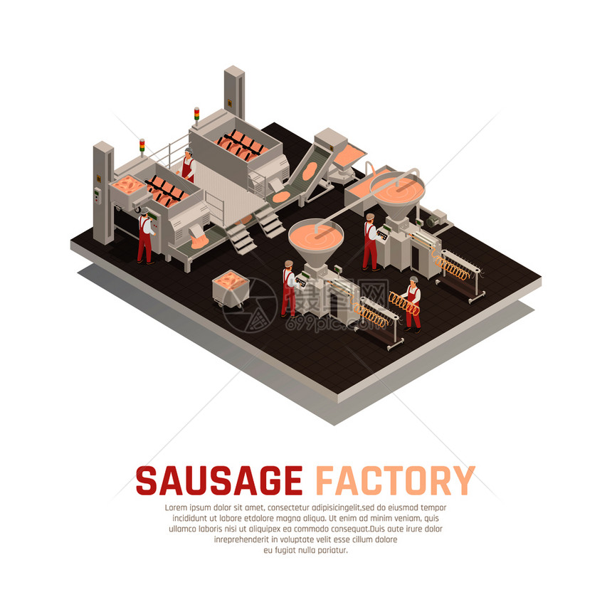 香肠厂等距成与工人工业设备的肉捏产品成型矢量插图香肠厂等距成分图片
