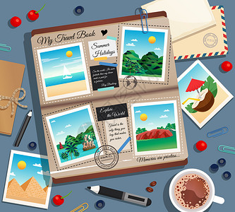 咖啡历史素材旅行记忆抽象背景与照片相册,邮政信封咖啡卡通矢量插图旅行记忆抽象背景插画