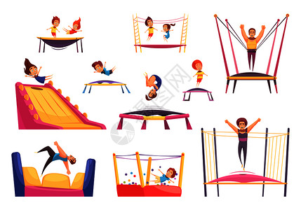 跳跃蹦床图像与同龄的蹦床同形状矢量插图的反弹者跳跃蹦床必需品套背景图片