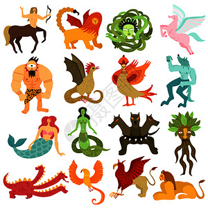 神话中的生物人物五颜六色的与美人鱼飞马半人马嵌合体龙环带戈尔贡梅杜莎矢量插图神话中的生物背景图片