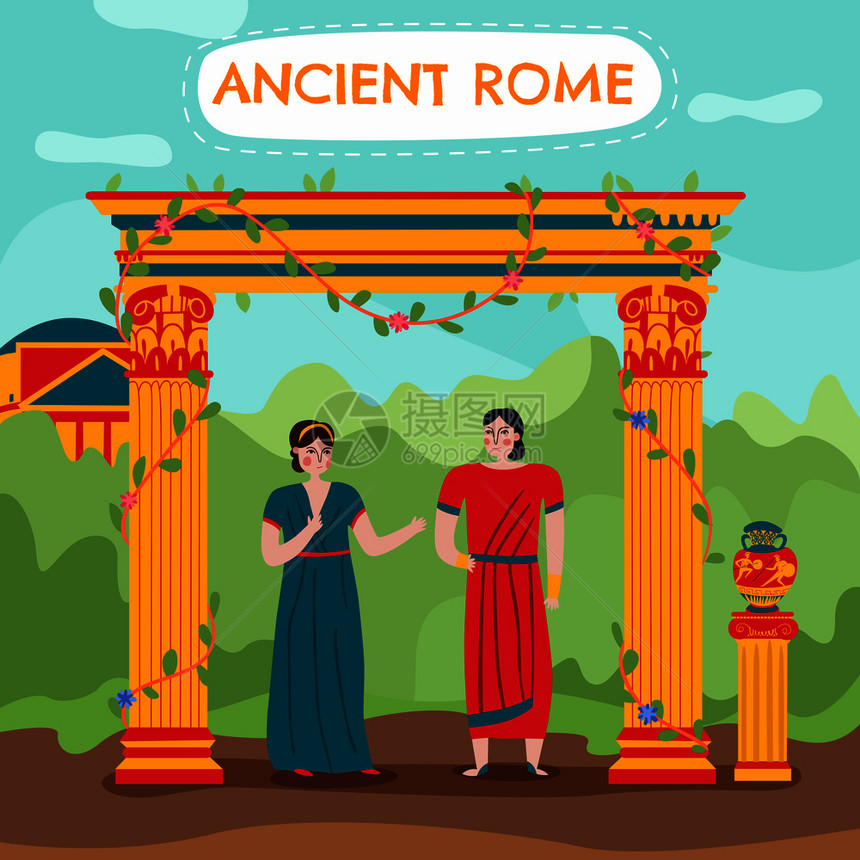 古罗马帝国构图,户外风景,平人物,男女矢量插图平罗马夫妇的背景