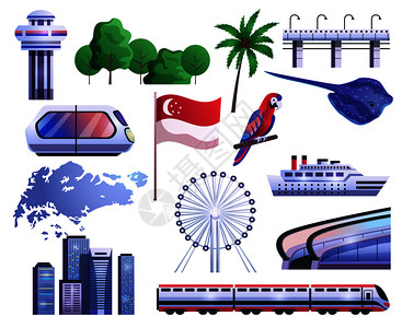 新加坡滨海湾花园新加坡卡通集图标旗运输花园动物摩天轮矢量插图新加坡卡通图标插画