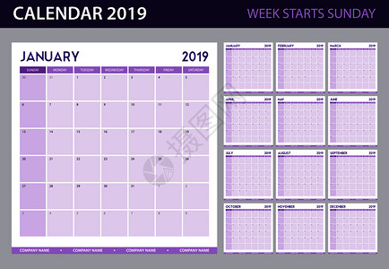 日历计划2019最小的简单表格风格周开始星期日标题平矢量插图2019日历计划图片