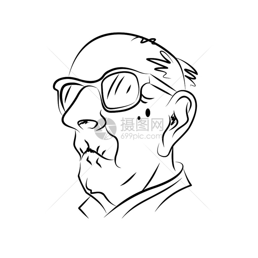 戴眼镜的老人的肖像手拉着素描黑白图片