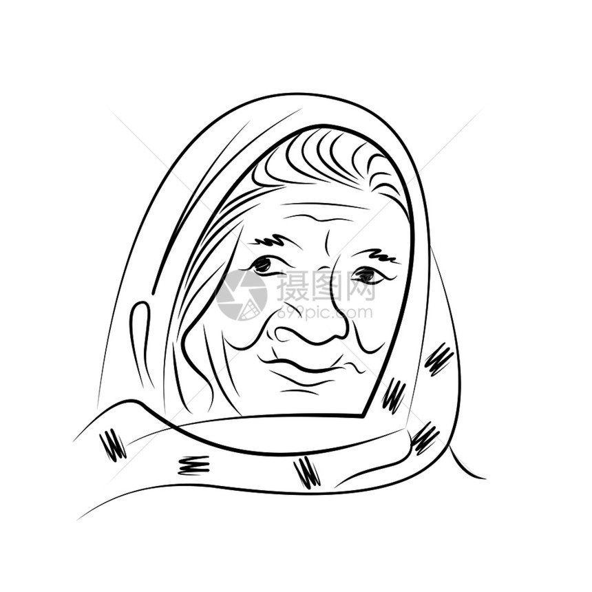 戴围巾的老妇人的肖像手拉着素描黑白图片