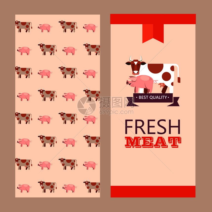 新鲜的肉矢量插图环保产品农产品可爱的牛猪图片