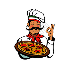学厨师留着胡子的意大利厨师着美味的比萨饼意大利比萨饼,传统的民族菜肴矢量章插画