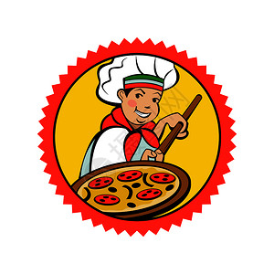 学厨师意大利厨师着美味的比萨饼意大利比萨饼,传统的民族菜肴矢量章插画