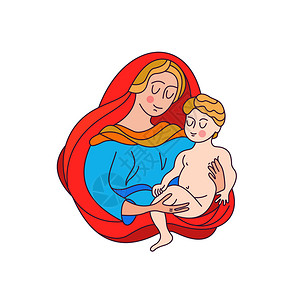 母玛利亚穿着件蓝色的长袍张红色的床罩麦当娜抱着婴儿耶稣矢量插图图片