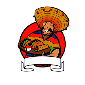 个穿着条纹斗篷顶墨西哥大帽子的快乐墨西哥人着盘传统的墨西哥食物玉米饼,玉米饼墨西哥餐厅的矢量标志背景图片