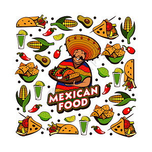墨西哥食物流行的墨西哥食品,快餐穿着斗篷睡衣的趣的墨西哥人矢量插图背景图片