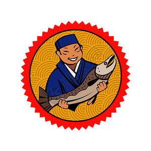 厨师长日本厨师着新鲜鱼日本餐厅的矢量标志新鲜海鲜插画