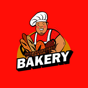 个可爱的微笑包师着篮子新烤包包店标志的矢量插图背景图片