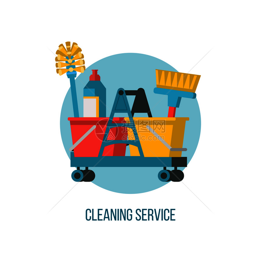 清洁服务矢量标志套清洁用品带清洁产品刷子的篮子图片