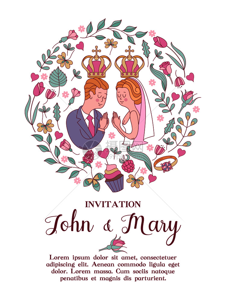 优雅的婚礼邀请矢量插图,贺卡新娘新郎头上戴着皇冠,周围鲜花树叶婚礼根据基督教正统仪式图片