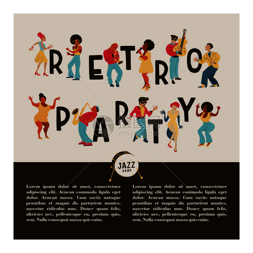复古派爵士乐节日的海报人们跳舞滚音乐家演奏萨克斯管小号爵士歌手套7080风格的大字体矢量插图图片