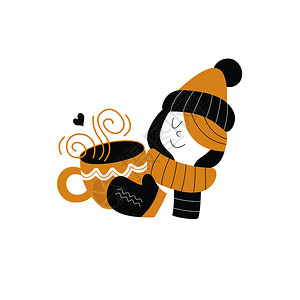 冬茶可爱的女孩戴着冬帽围巾,戴着大杯热饮寒冷的冬天喝热茶矢量插图个戴着冬帽围巾的女孩着大杯热茶寒冷的冬天插画