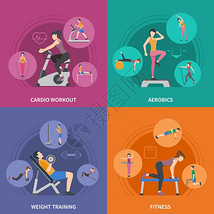 健身健身房训练2x2图标同类型的健身房训练氧健身操重量训练2x2平图标矢量插图背景图片