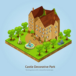 等距城堡景观理念等距城堡与装饰公园景观矢量插图图片