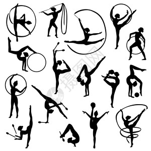 黑色体操女剪影黑色轮廓的体操女人物与球磁带白色背景矢量插图背景图片