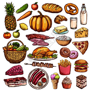 手绘食物收集手绘食物收集与肉类,甜点,蔬菜,水果,奶制品,比萨饼,包,矢量插图图片