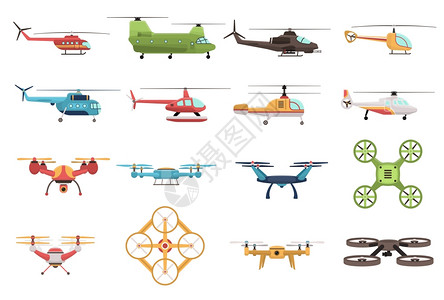 车载视频监控直升机无人机集合彩色图标集事民用直升机各种修改无人机白色背景孤立矢量插图插画