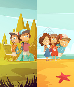 野营儿童垂直横幅野营儿童垂直横幅森林海滩符号卡通孤立矢量插图背景图片
