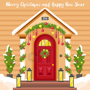 新卡片,为诞节装饰房子新卡片与前门装饰灯笼冬青花环诞树平矢量插图图片