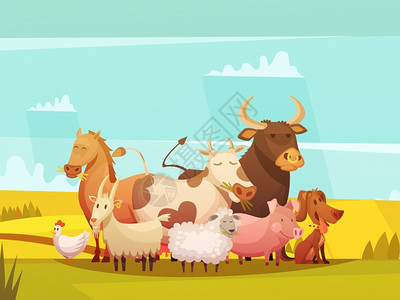 生态牧场农村卡通海报中的农场动物农场动物阳光明媚的日子农村趣的卡通海报与牛猪山羊绵羊矢量插图插画