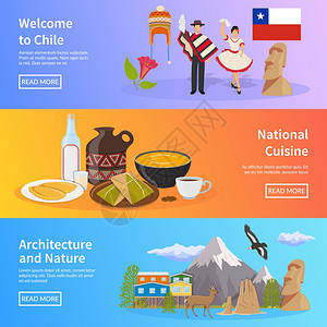 卡碧岛智利平横横幅智利彩色水平横幅与符号元素,地标,自然美食平矢量插图插画