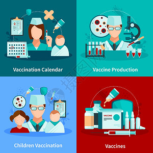 疫苗平板2x2接种平2x2与接种日历套医疗工具疫苗产品矢量插图图片