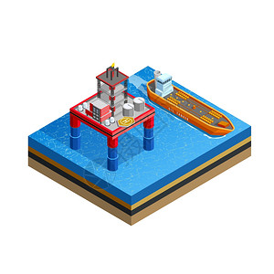 石油工业海上平台等距图像海上生产平台钻机,用于海底钻井油轮运输等距图标白色背景矢量插图背景图片