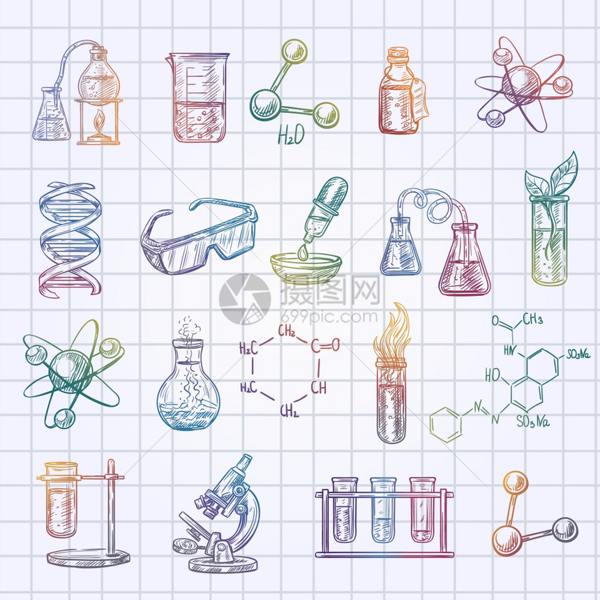 化学草图图标化学草图图标检查的练本背景隔离矢量插图图片