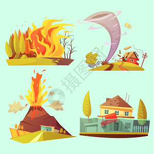 火爆发自然灾害复古卡通2x2图标自然灾害复古卡通2x2图标火灾,洪水,火山爆发龙卷风平孤立矢量插图插画