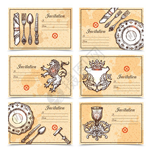 带餐具图像的老式菜单手绘复古菜单集餐具顶部图像,并放置邀请文本矢量插图图片