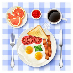 餐具包美国丰盛的早餐顶级景观形象传统的美式早餐,煎鸡蛋,培根,黑咖啡柚子顶景,桌布,背景海报,矢量插图插画