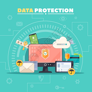 数据保护平构图海报计算机通信安全私数据保护平构成海报与防病软件符号抽象矢量插图背景图片