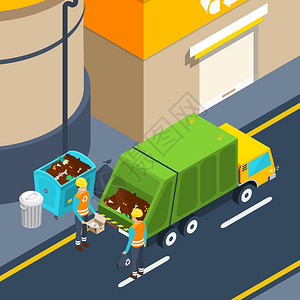 垃圾收集等距海报垃圾收集器工作场景与废物容器特殊卡车附近的工厂等距海报矢量插图背景图片