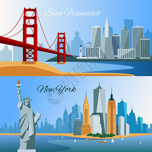 美国平构图横幅美国水平平横幅与旧金山新的Yourk城市景观成矢量插图图片