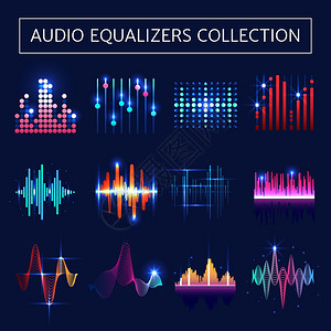 音频轨道音频均衡器霓虹灯集明亮的音频均衡器霓虹灯声波符号蓝色背景平孤立矢量插图插画