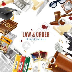 法律秩序框架作文海报法律秩序司法系统符号框架构图海报与犯罪证据矢量插图背景图片